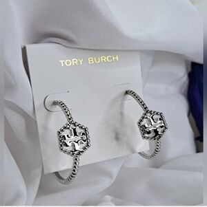 Tory Burch Silver Logo Beaded Hoop Earrings